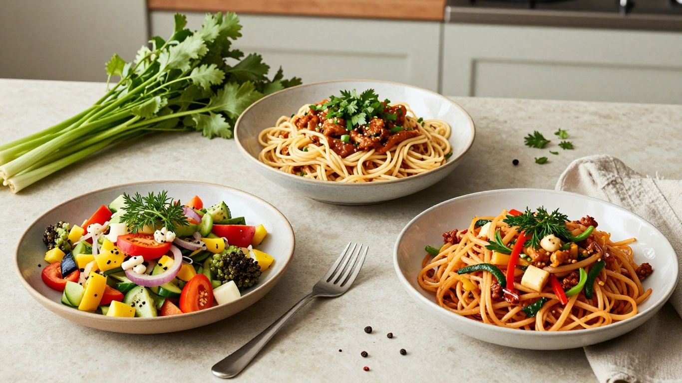 Three distinct meals made from leftovers on a kitchen counter.
