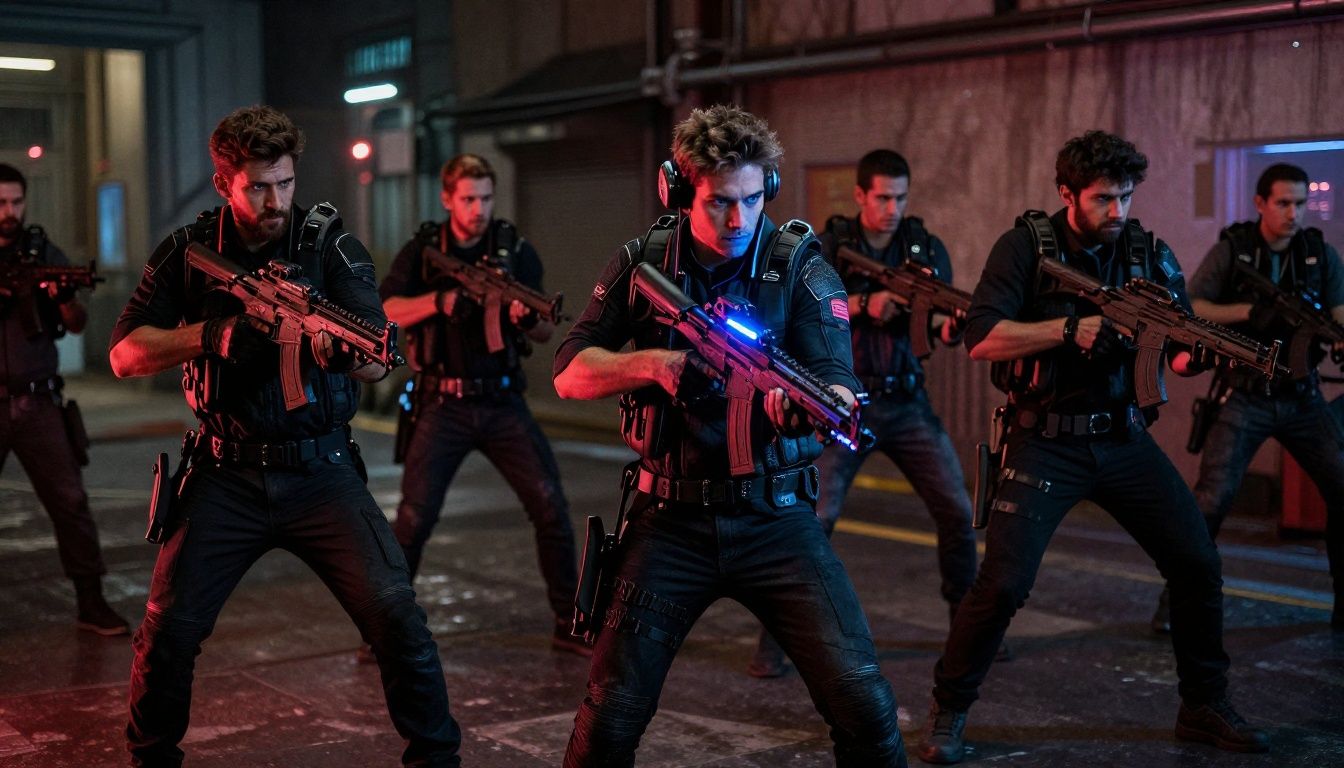 Combate intenso entre dois times em um cenário urbano futurista, destacando o uso de habilidades especiais e luzes vibrantes