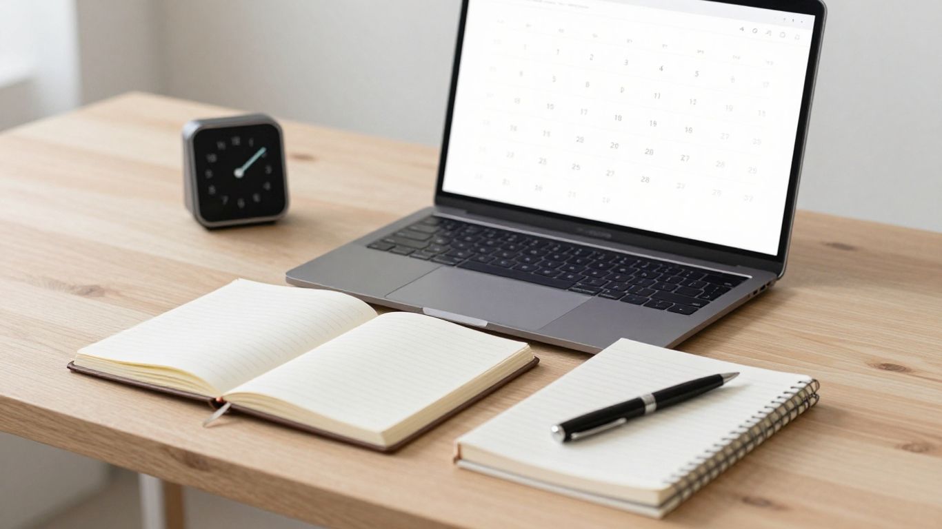 Desk with planner, timer, and laptop for productivity.