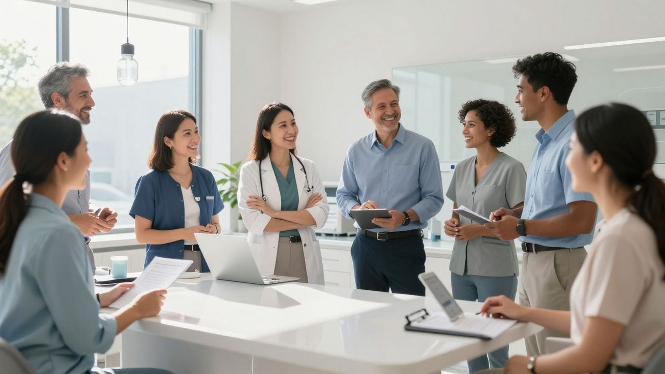 Diverse American professionals in a modern, efficient aesthetic clinic.