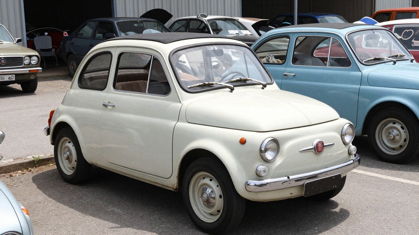 Fiat 500 car parts at a wrecking yard.