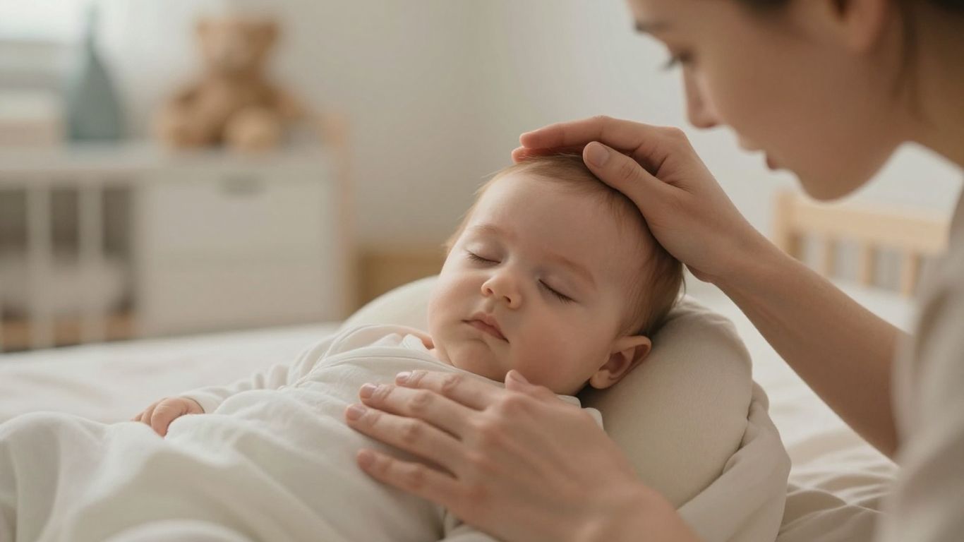 Padre tocando la frente de su bebé con preocupación.