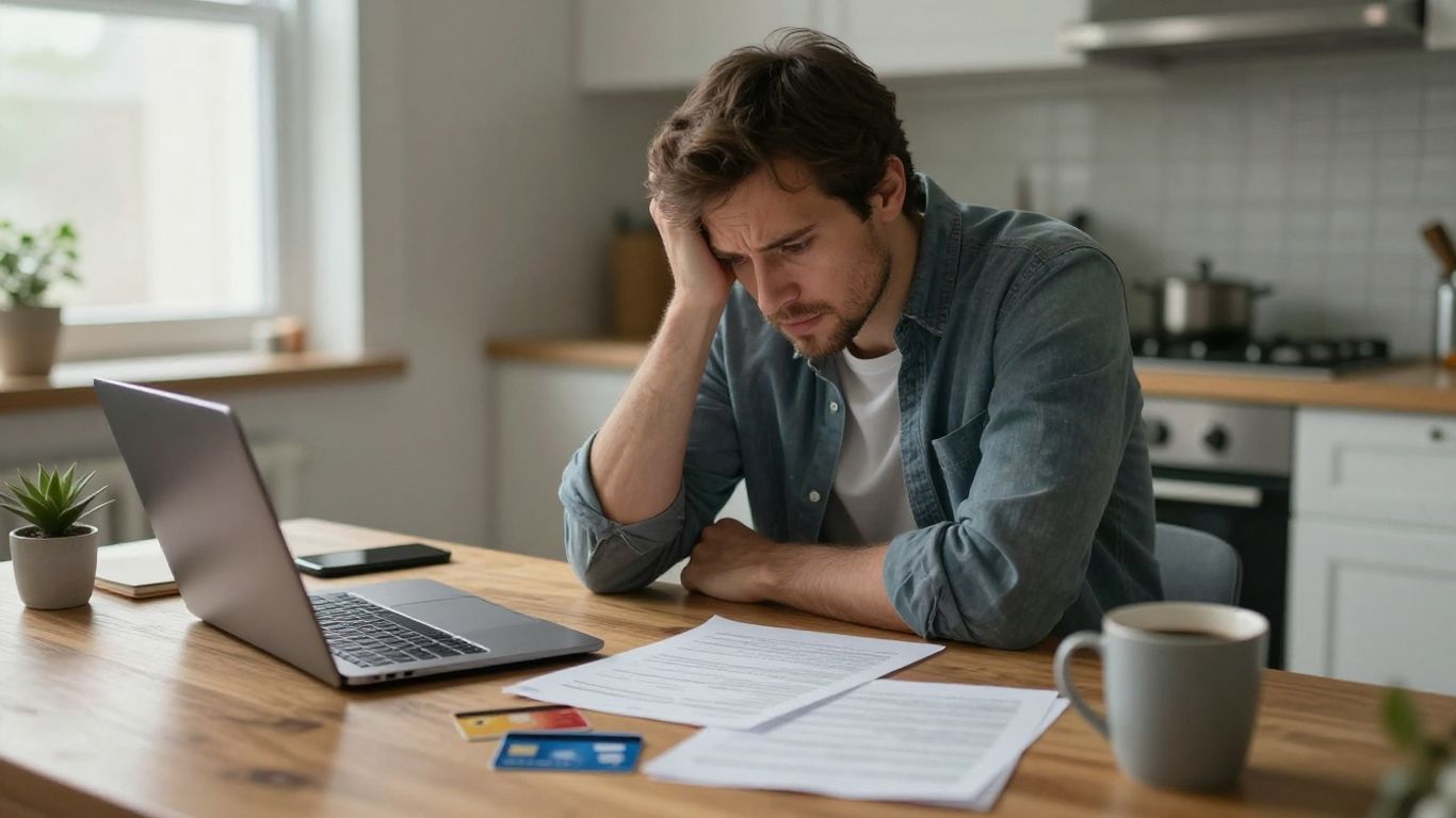 Canadian reviewing finances with laptop, coffee, and documents