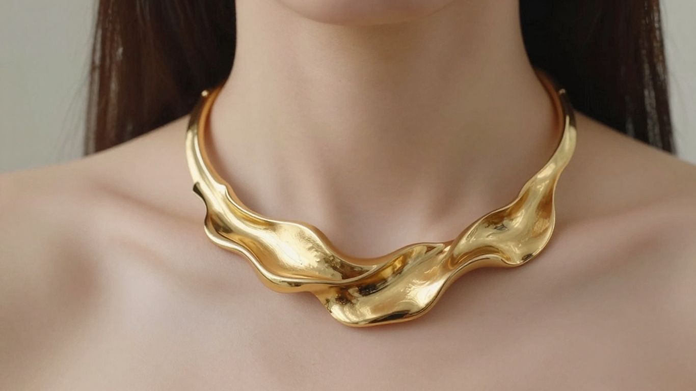 Sculptural gold statement necklace with organic forms.
