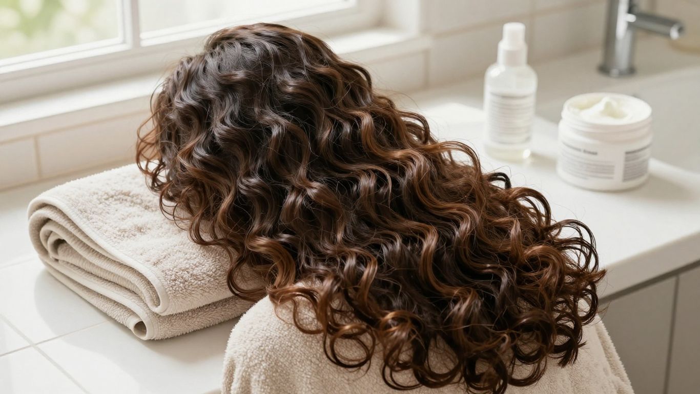 Curly hair gently plopped in microfiber towel
