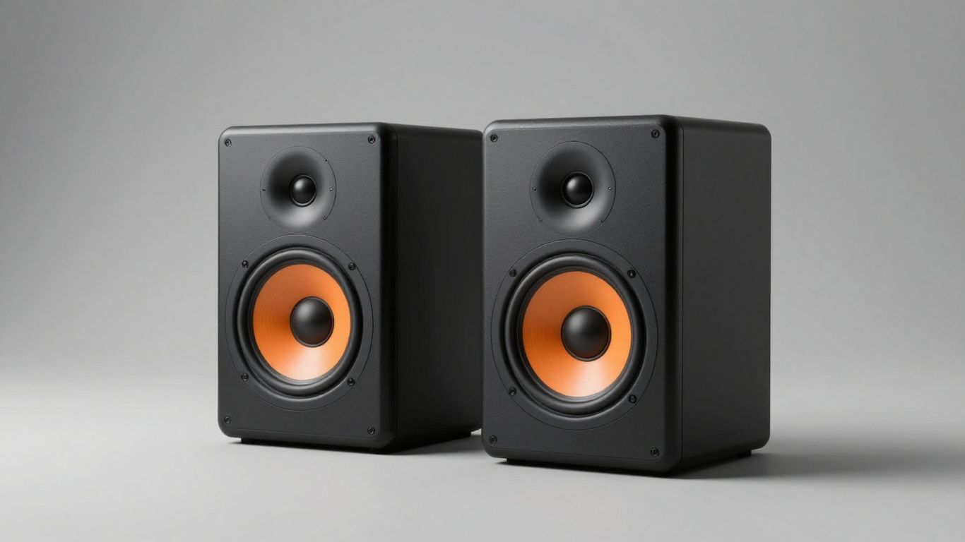 Focal Alpha Evo studio monitors with orange woofers.