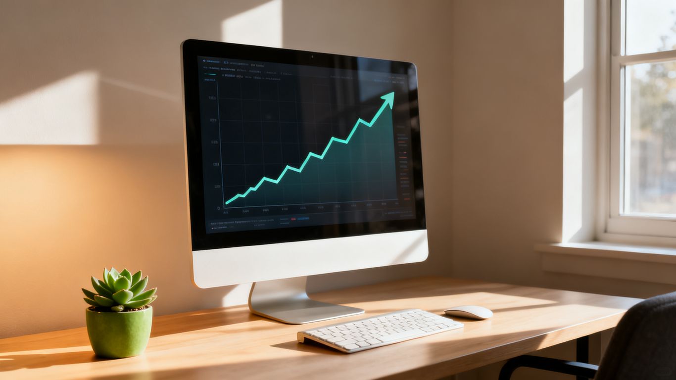 A clean minimalist desk with a growth chart on screen