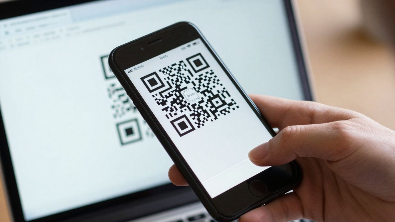 Laptop screen with QR code being scanned by phone.
