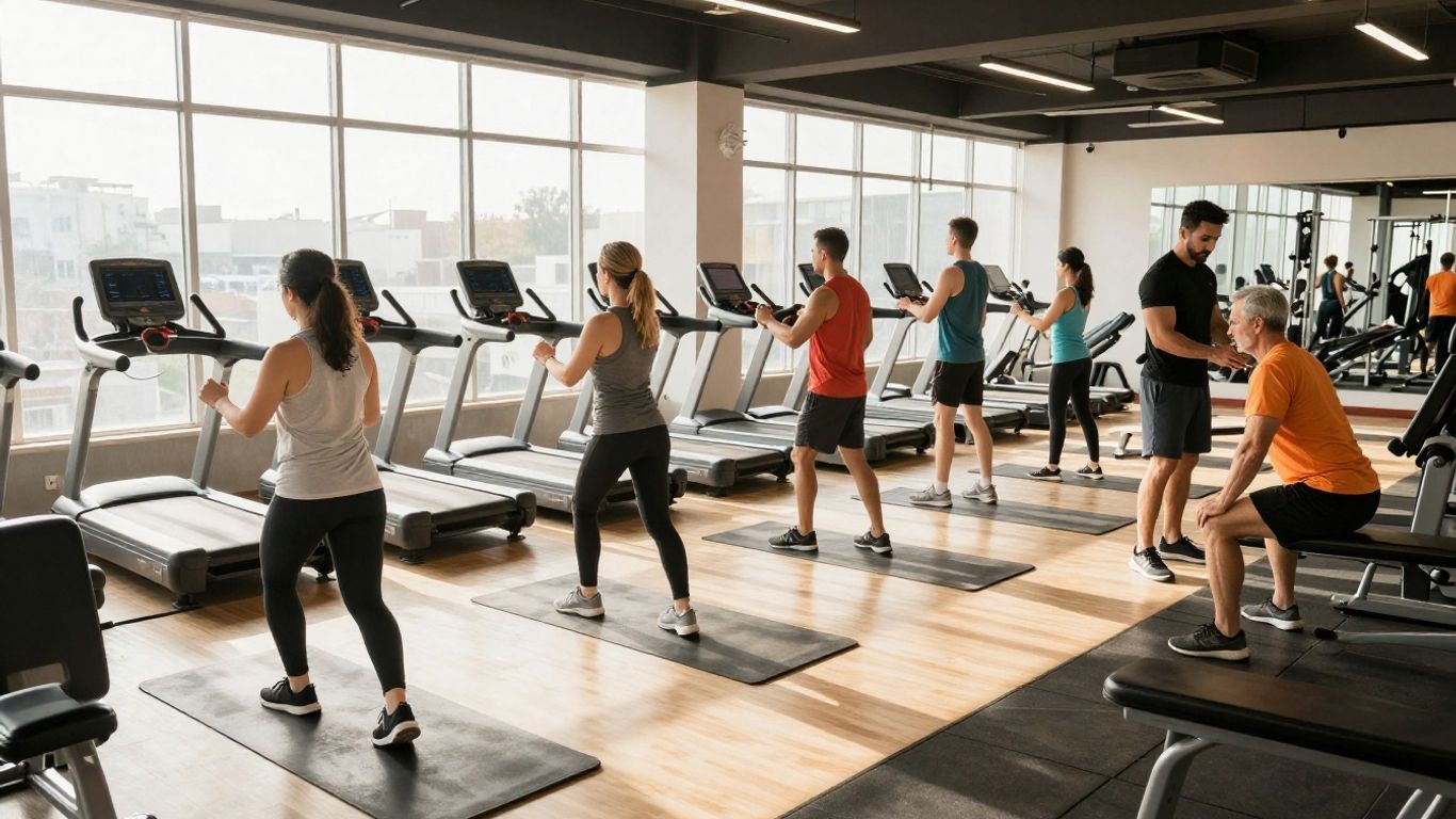 People exercising in a bright, modern gym.