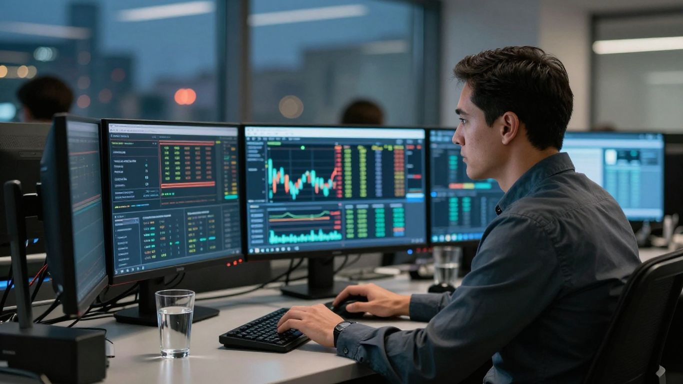 Trader monitoring futures positions at a workstation