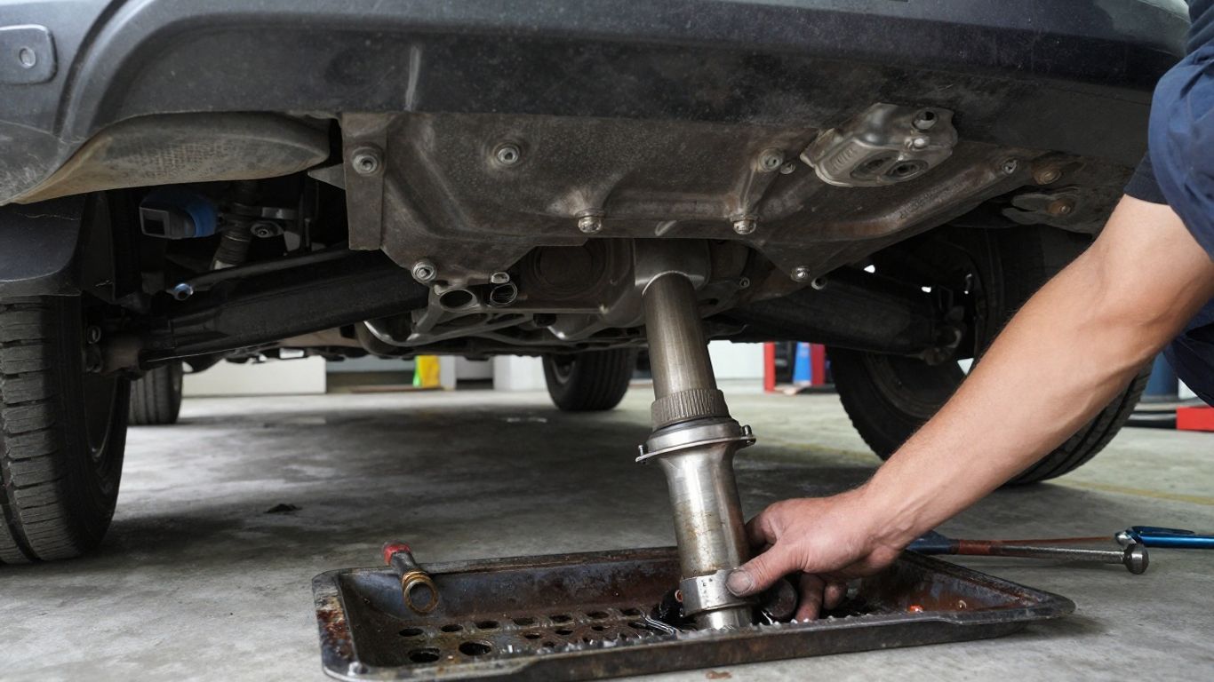 Mechanic checking gearbox fluid beneath Renault