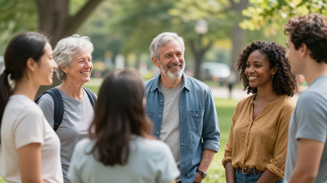People connecting and smiling in a park.