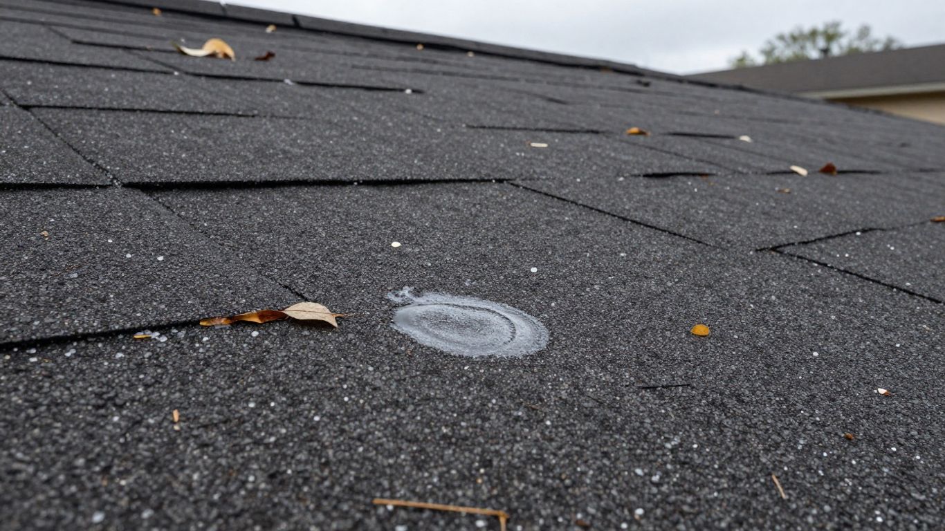 Close-up of hail-damaged roof shingles after a Texas storm.