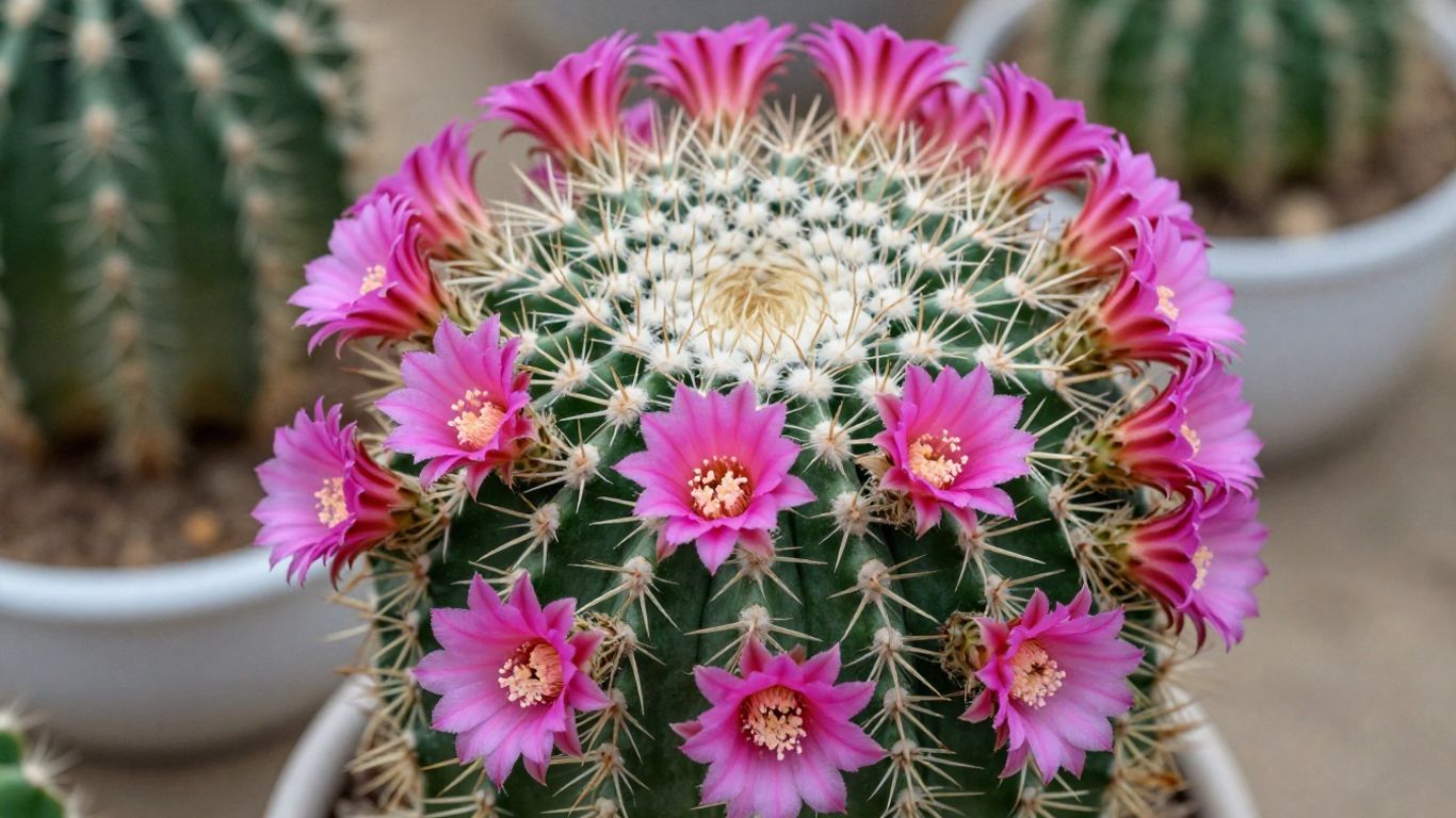 Mammillaria Magnimama cactus con flores rosas.