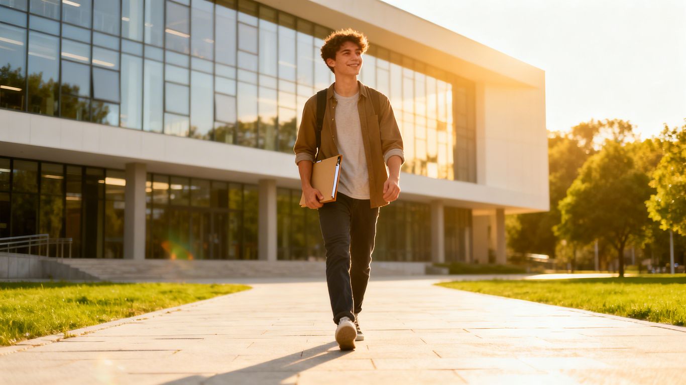 Student walking towards university building with portfolio.