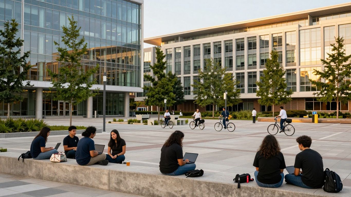 Modern university buildings with students outdoors
