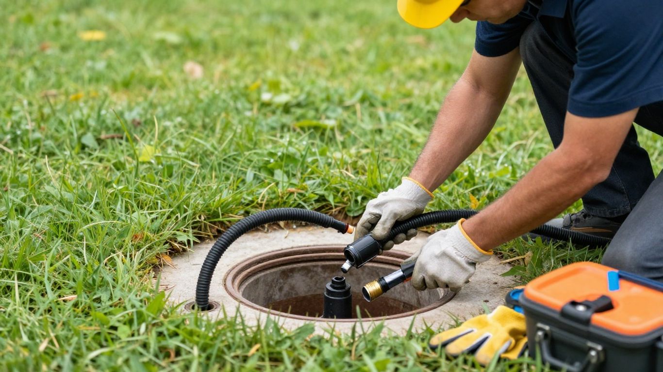 Technician inspecting residential sewer pipes outdoors