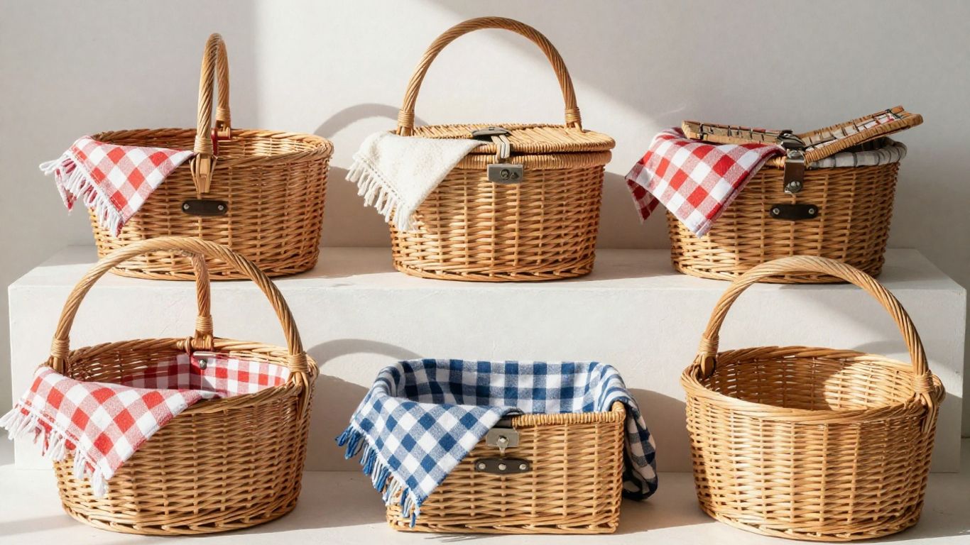 Assortment of wholesale picnic baskets ready for purchase.