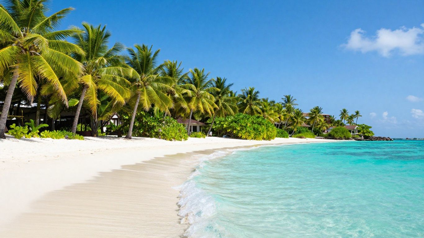 Tropical beach with palm trees and clear water.