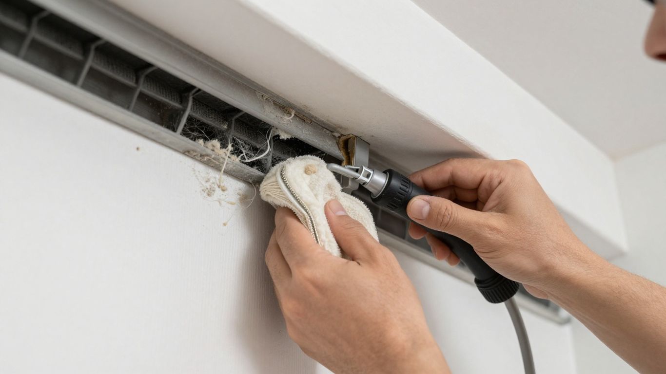 Technician cleaning dryer vent, removing lint and dust.