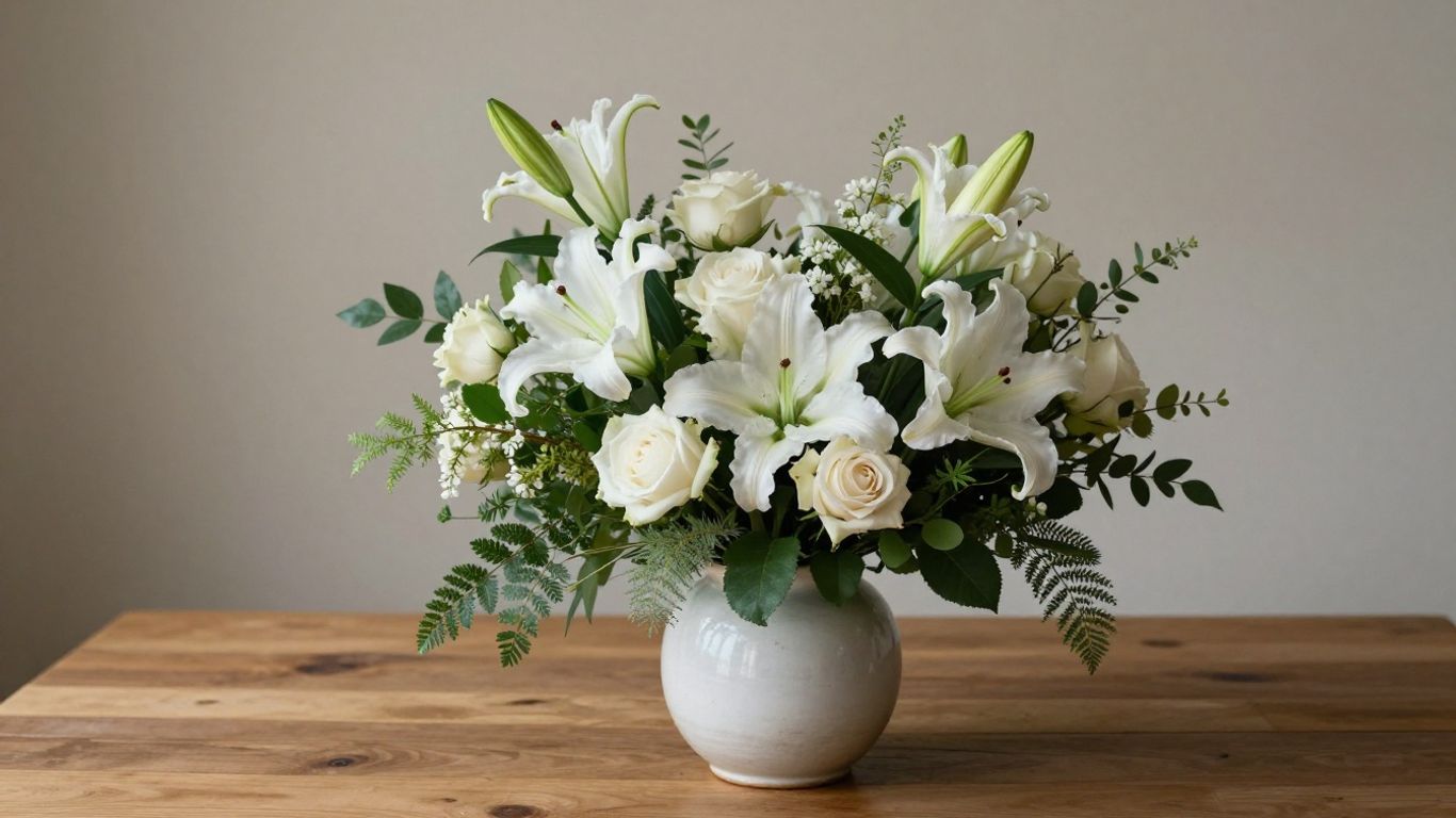 White and pastel sympathy flowers in a vase