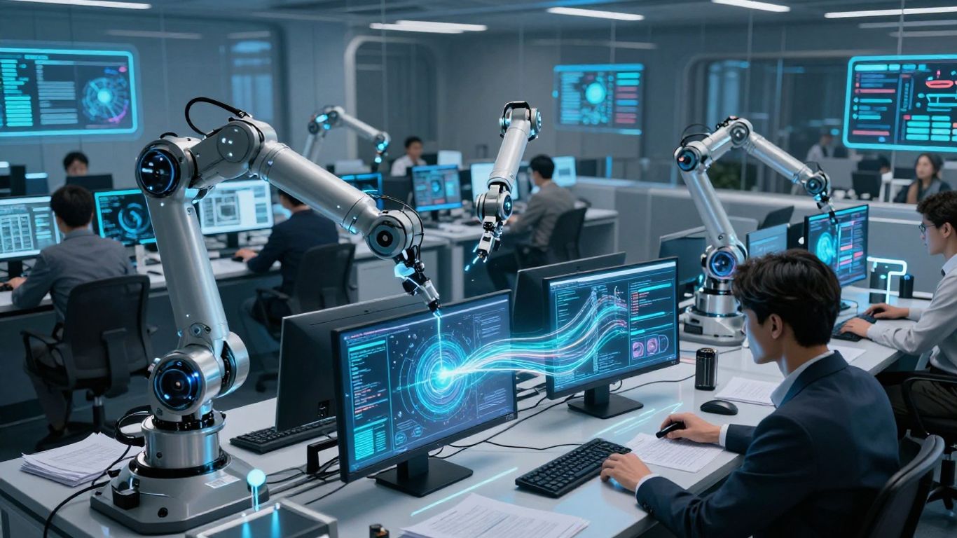 Automated back office with robots and employees using technology.