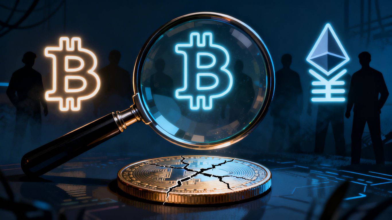 Magnifying glass over cracked crypto coin, shadowy figures.