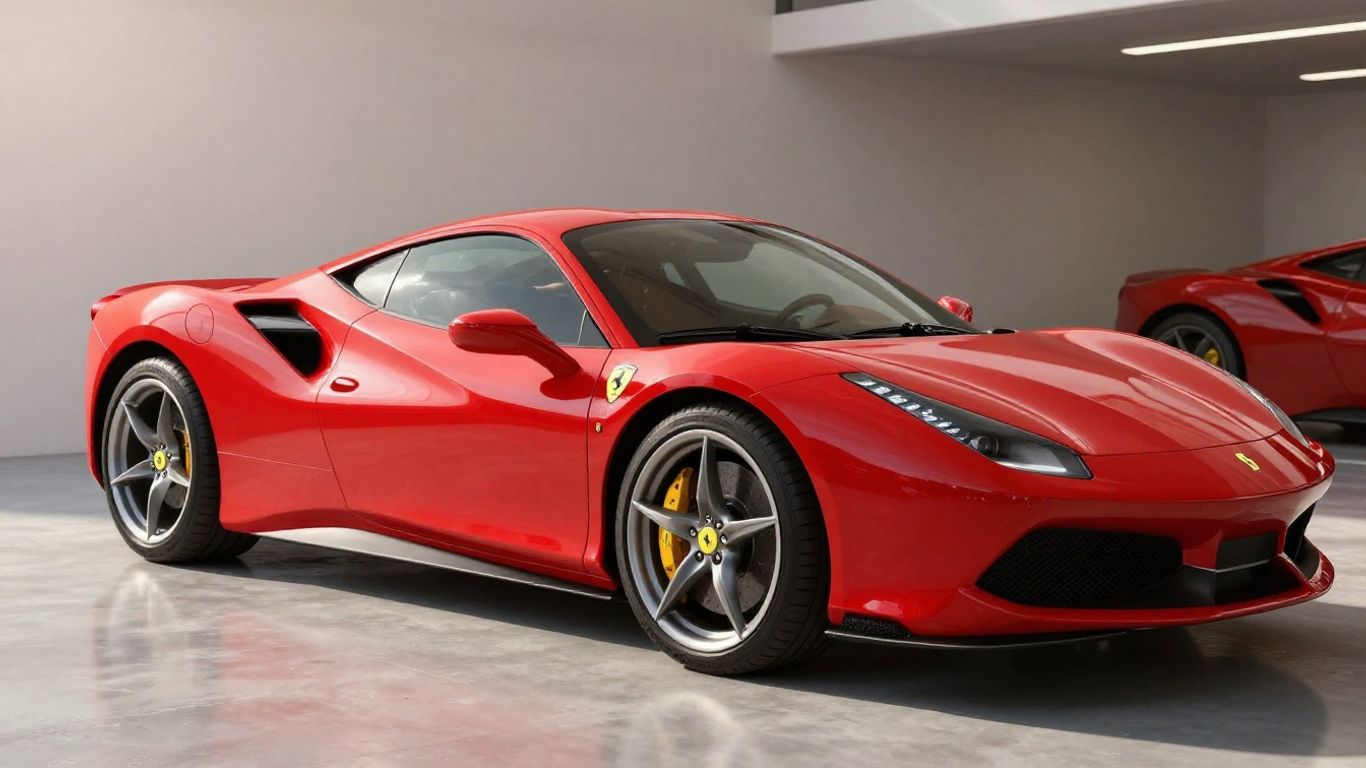 Red Ferrari sports car in a garage.