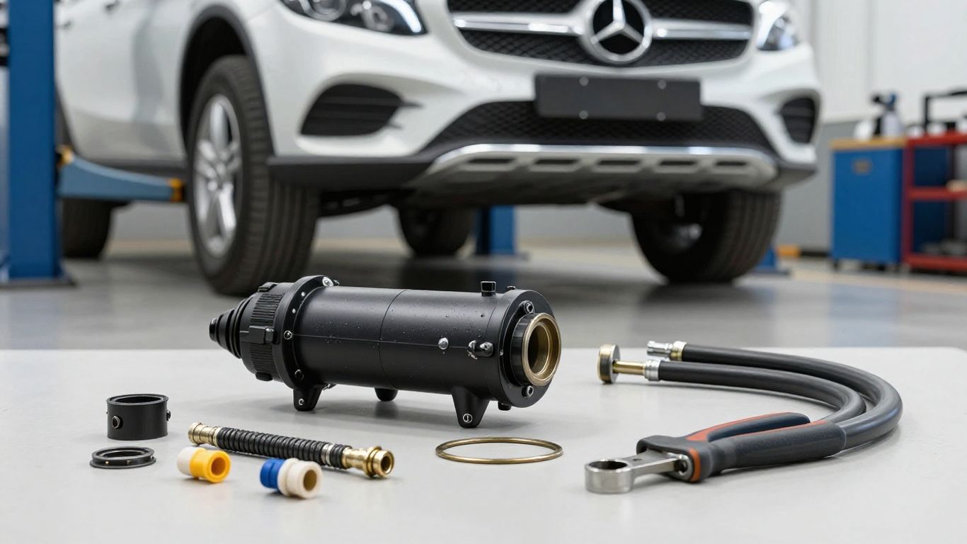 Fuel system parts arranged beside Mercedes vehicle