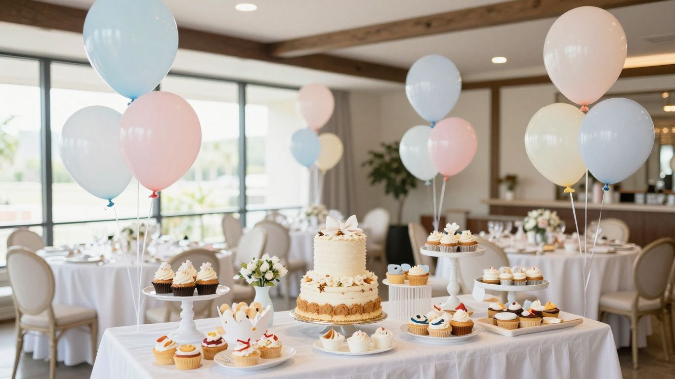 Elegant Dallas baby shower venue with balloons and dessert table.
