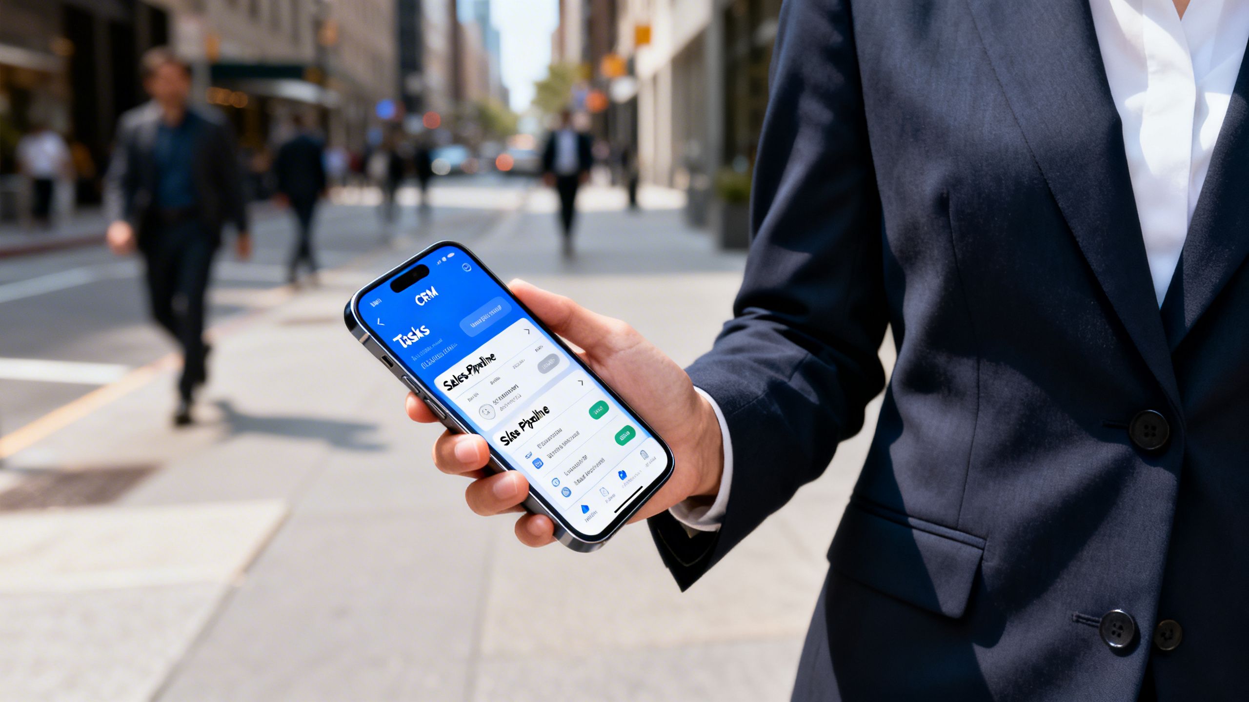 A business professional on the go, checking their tasks and sales pipeline on a smartphone, illustrating the flexibility of a mobile CRM.
