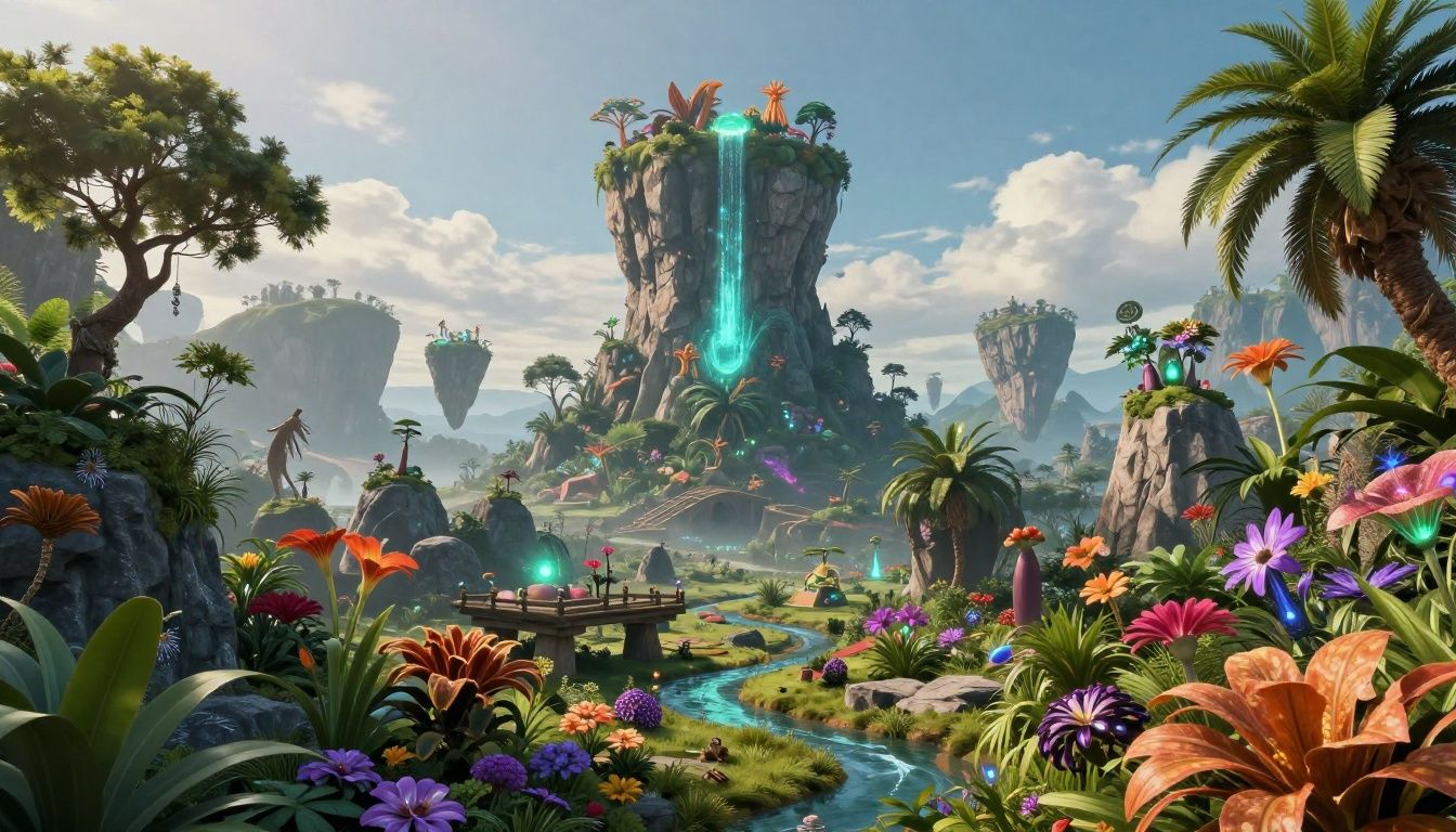 Uma paisagem fantástica e misteriosa do mundo de Farever, com montanhas flutuantes e uma flora bioluminescente