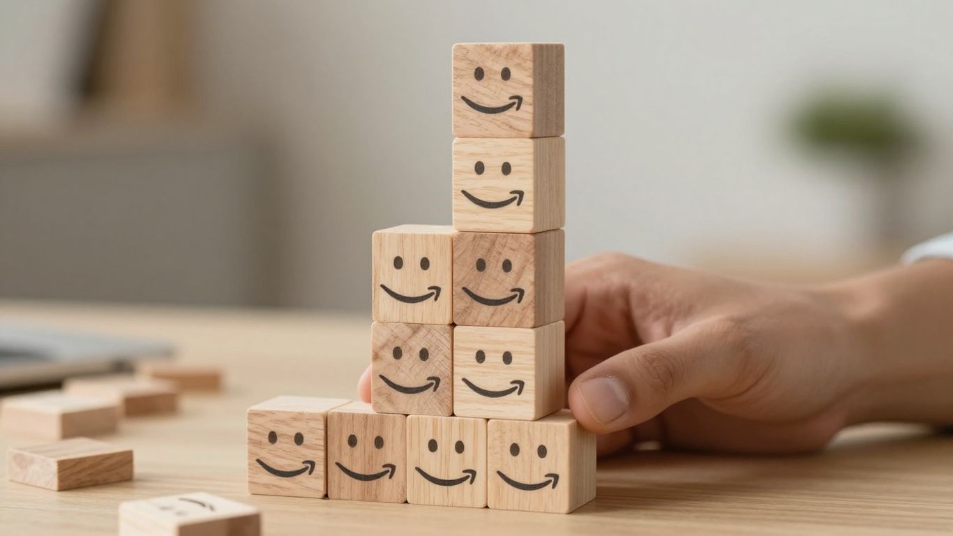 Building blocks with Amazon logos forming a stable tower.