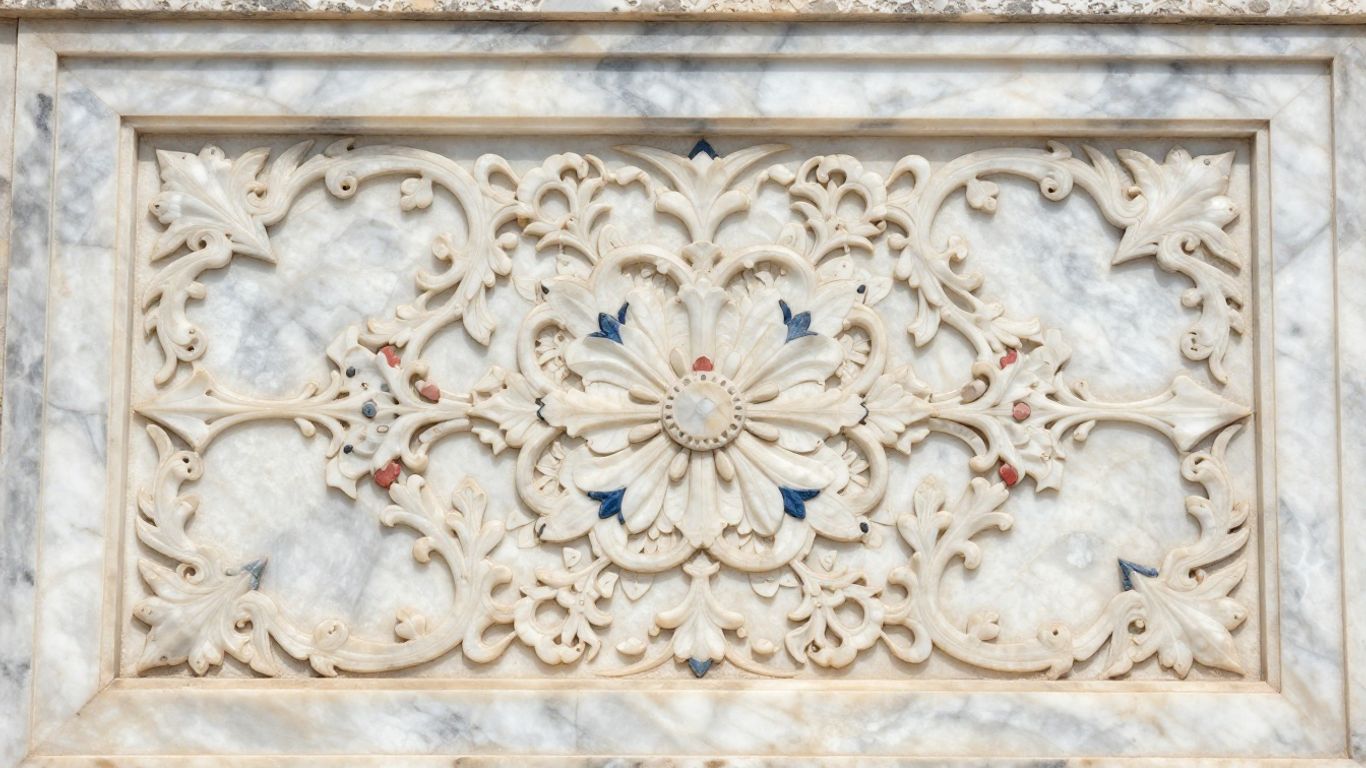 Intricate marble inlay on Taj Mahal-inspired stone.