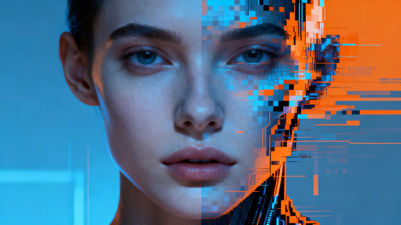 A face morphing from real to AI-generated deepfake.