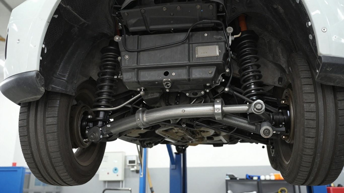 Technician inspecting steering rack and front wheels