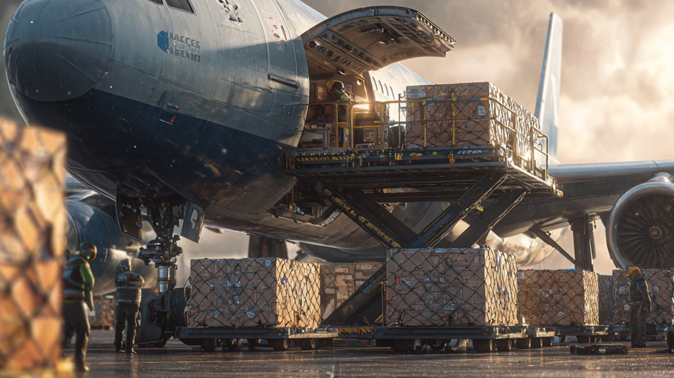 Cargo plane being loaded with boxes on a tarmac.