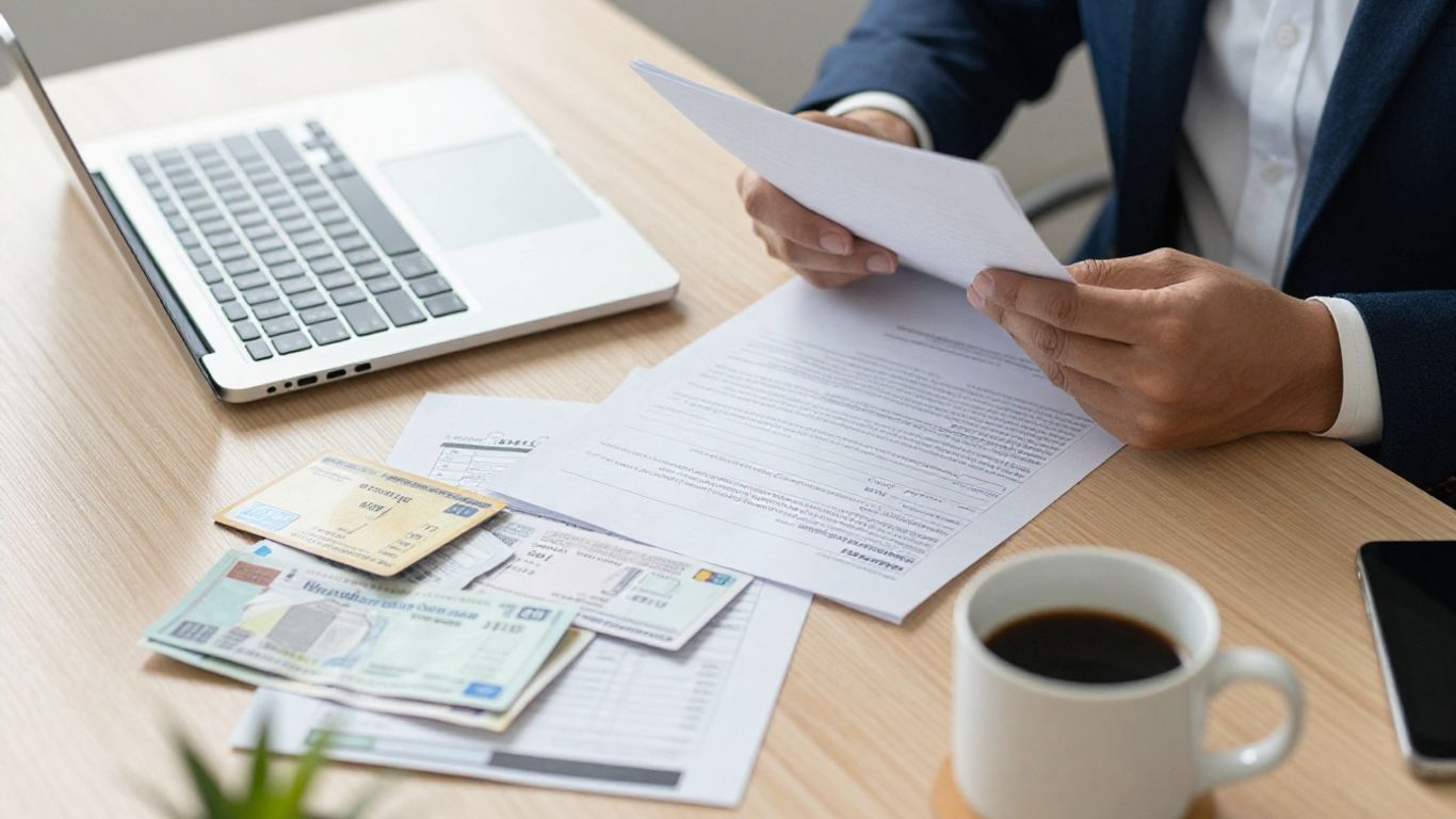 Person reviewing invoices and documents at office desk