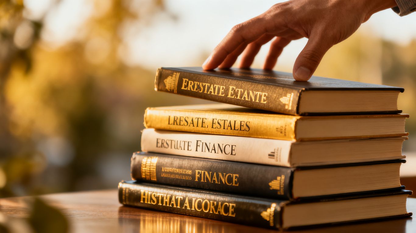 Books about real estate and finance, hand reaching for one.