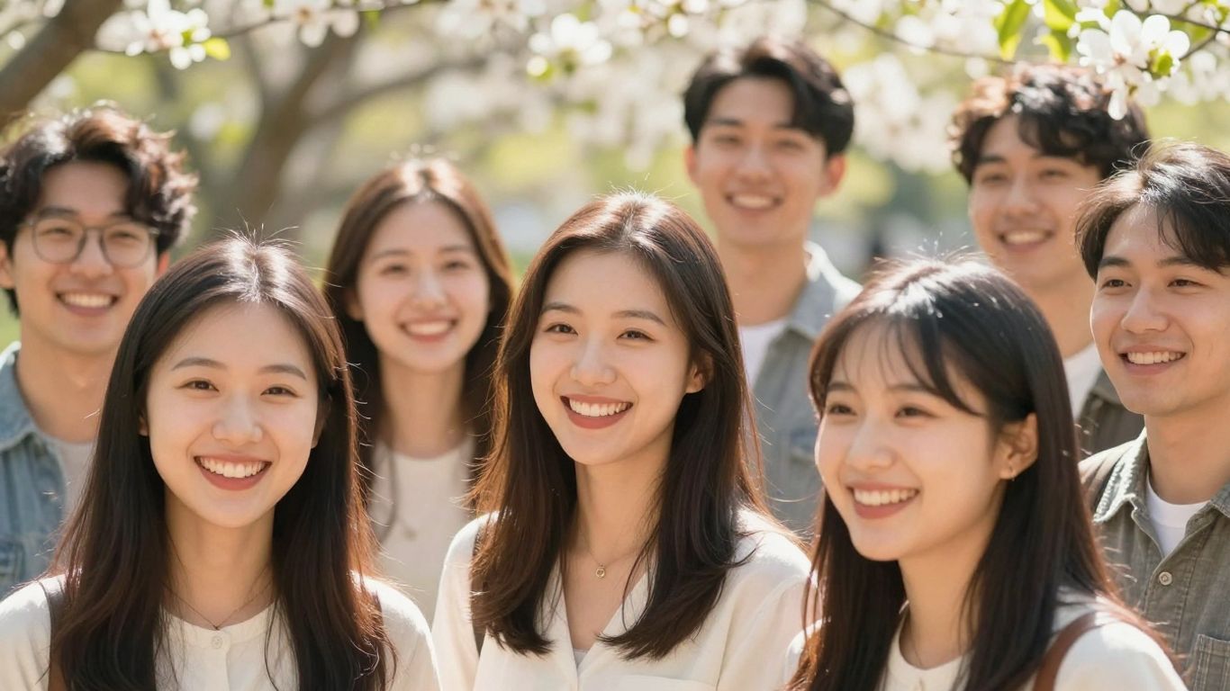 People smiling outdoors with sunlight and flowers.