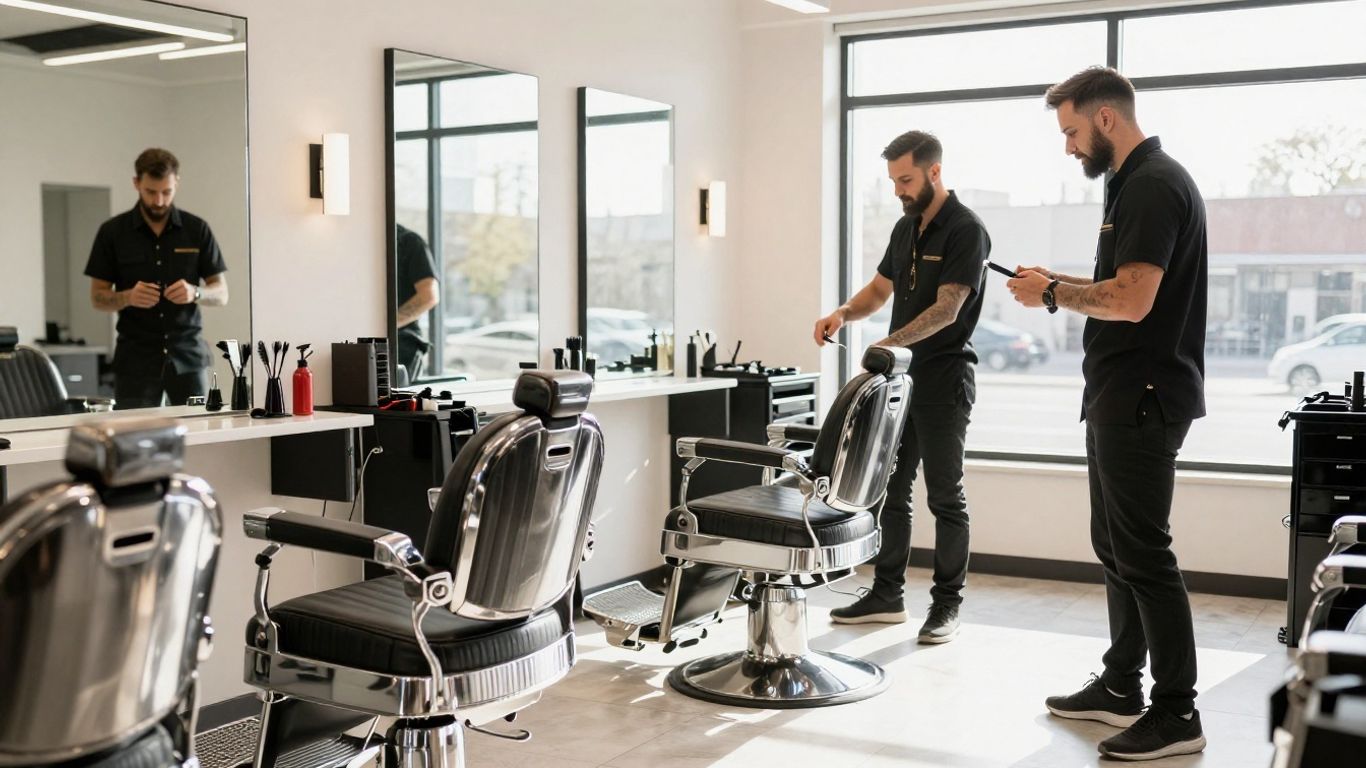 Modern barbershop interior with chairs and styling tools.