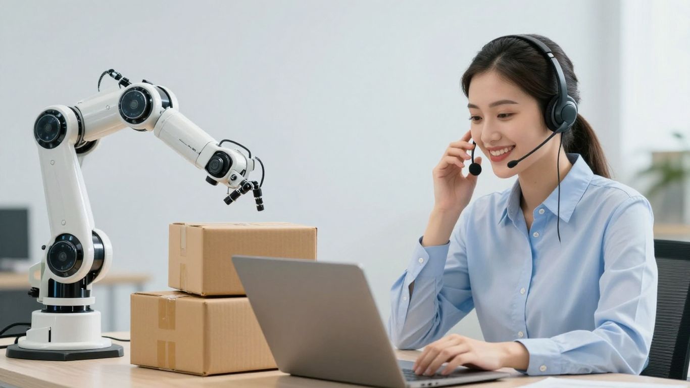 Robot arm and smiling call center agent working together.