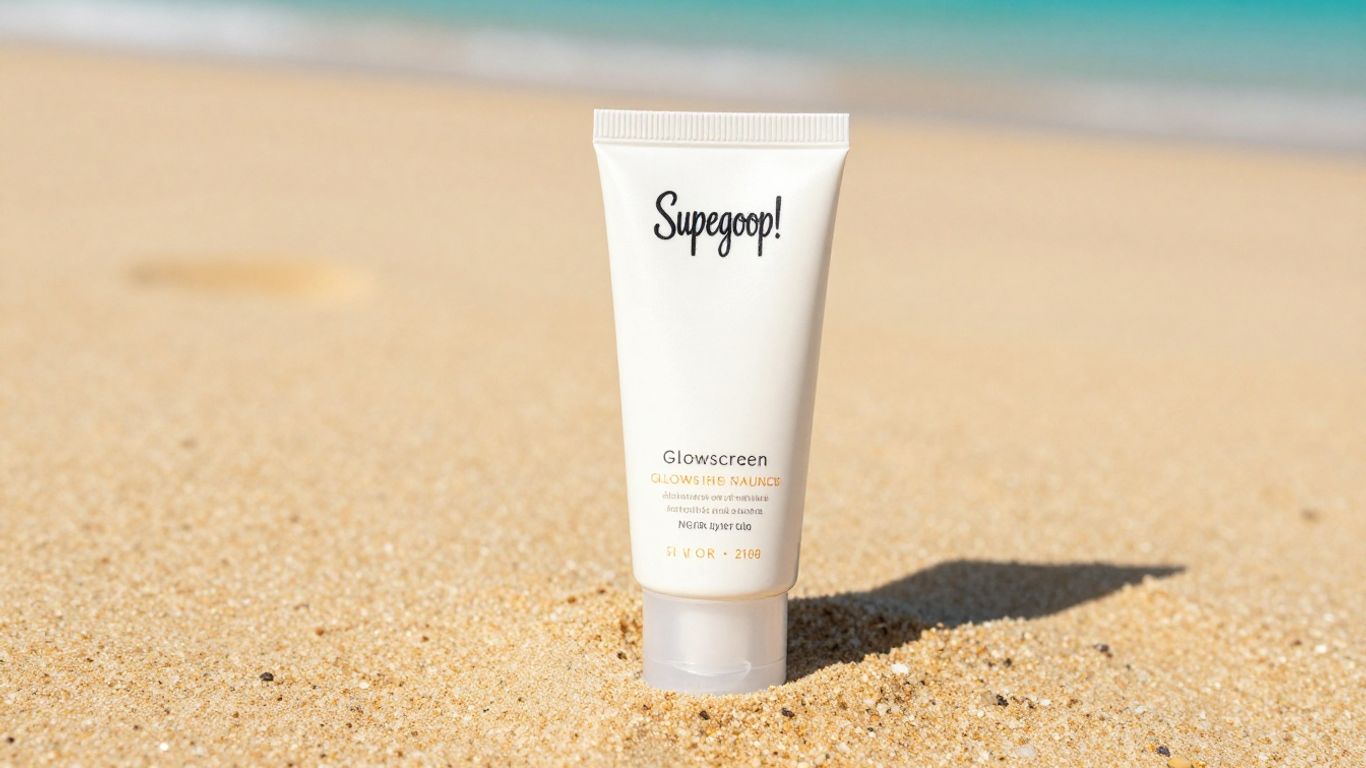 Supergoop! Glowscreen travel size sunscreen on a beach.