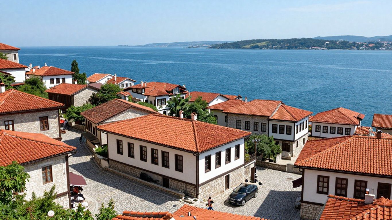 Ancient Nessebar peninsula with historic buildings and the sea.