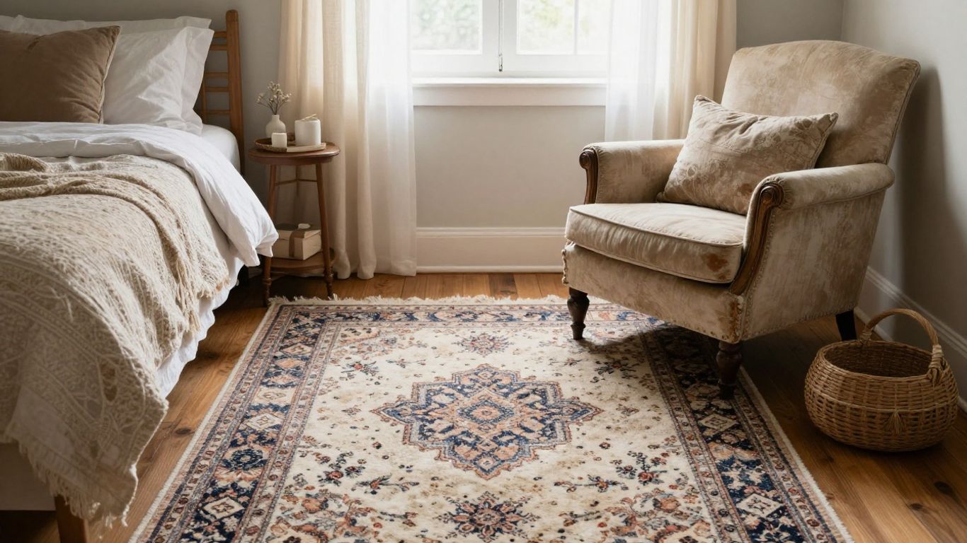 Vintage armchair in a boho bedroom with patterned rug.