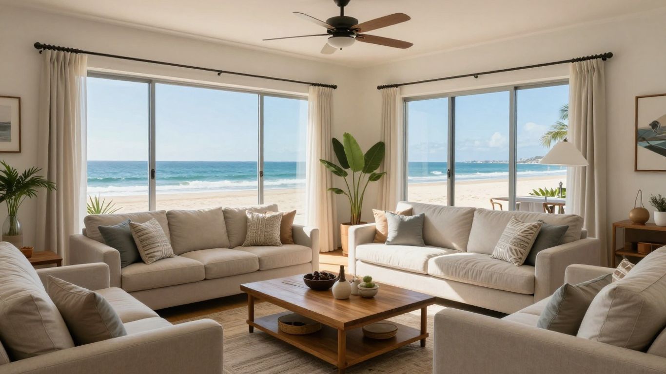 Modern beach rental living room with ocean view.
