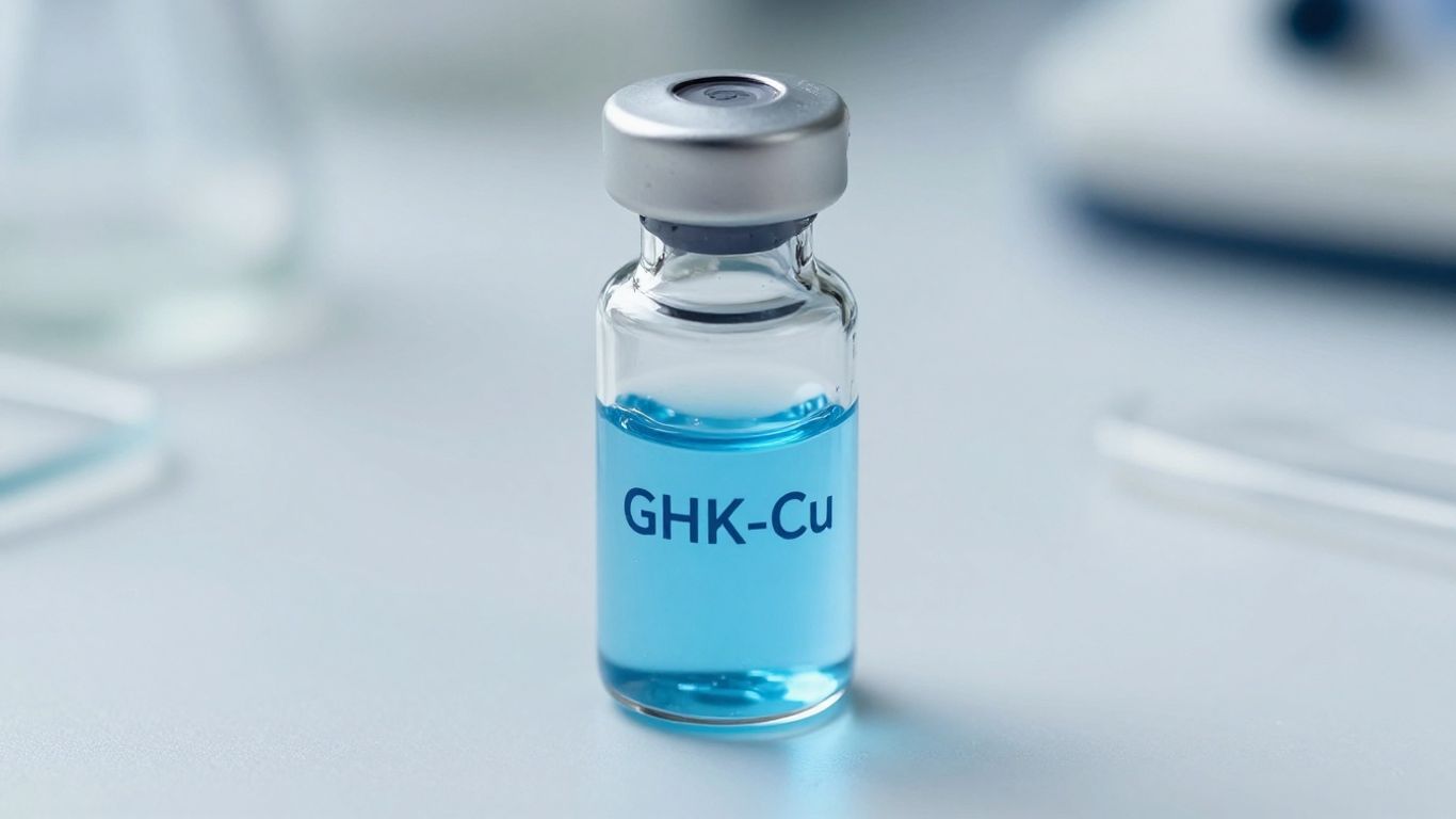 Vial of blue GHK-Cu peptide solution in a lab.