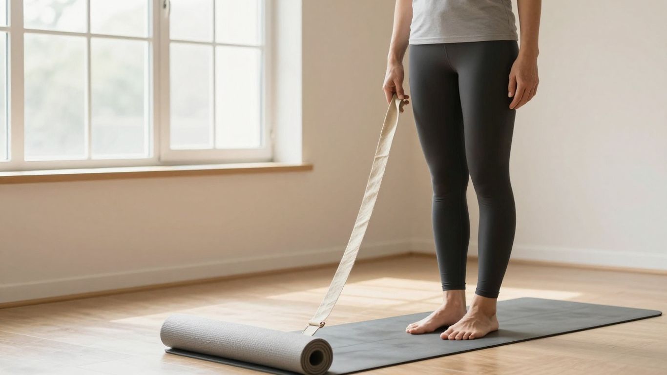 Yoga practitioner checking strap length beside a mat