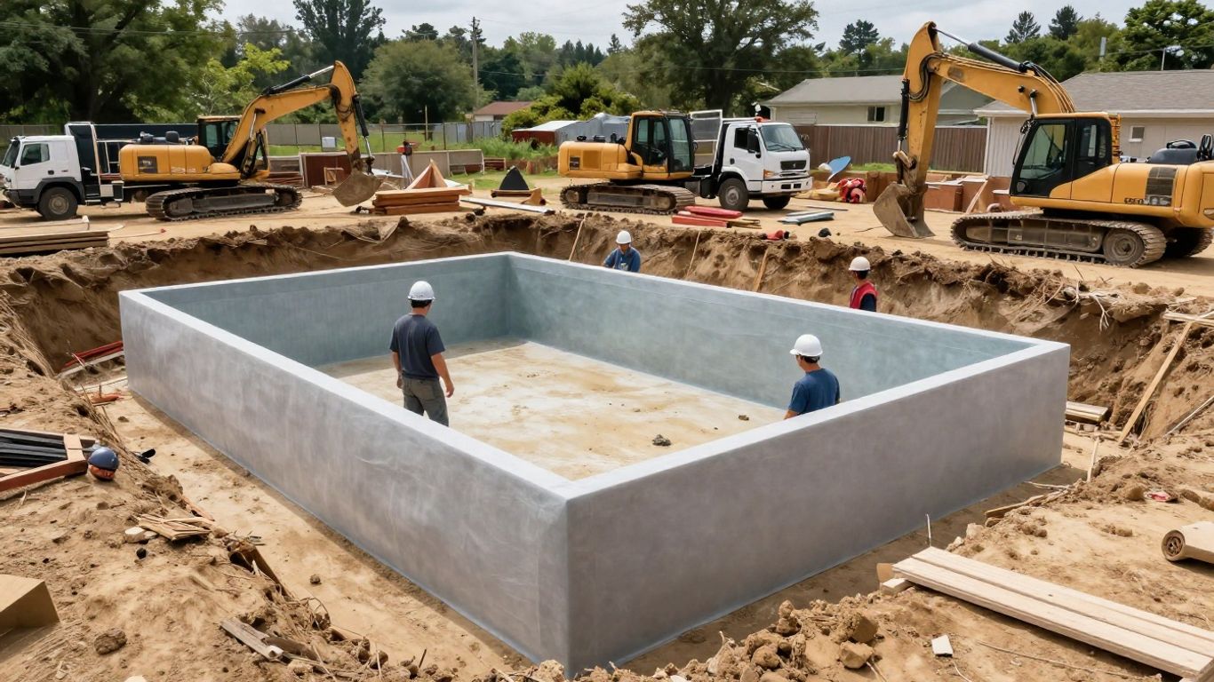 Fiberglass pool installation in progress with workers and equipment.