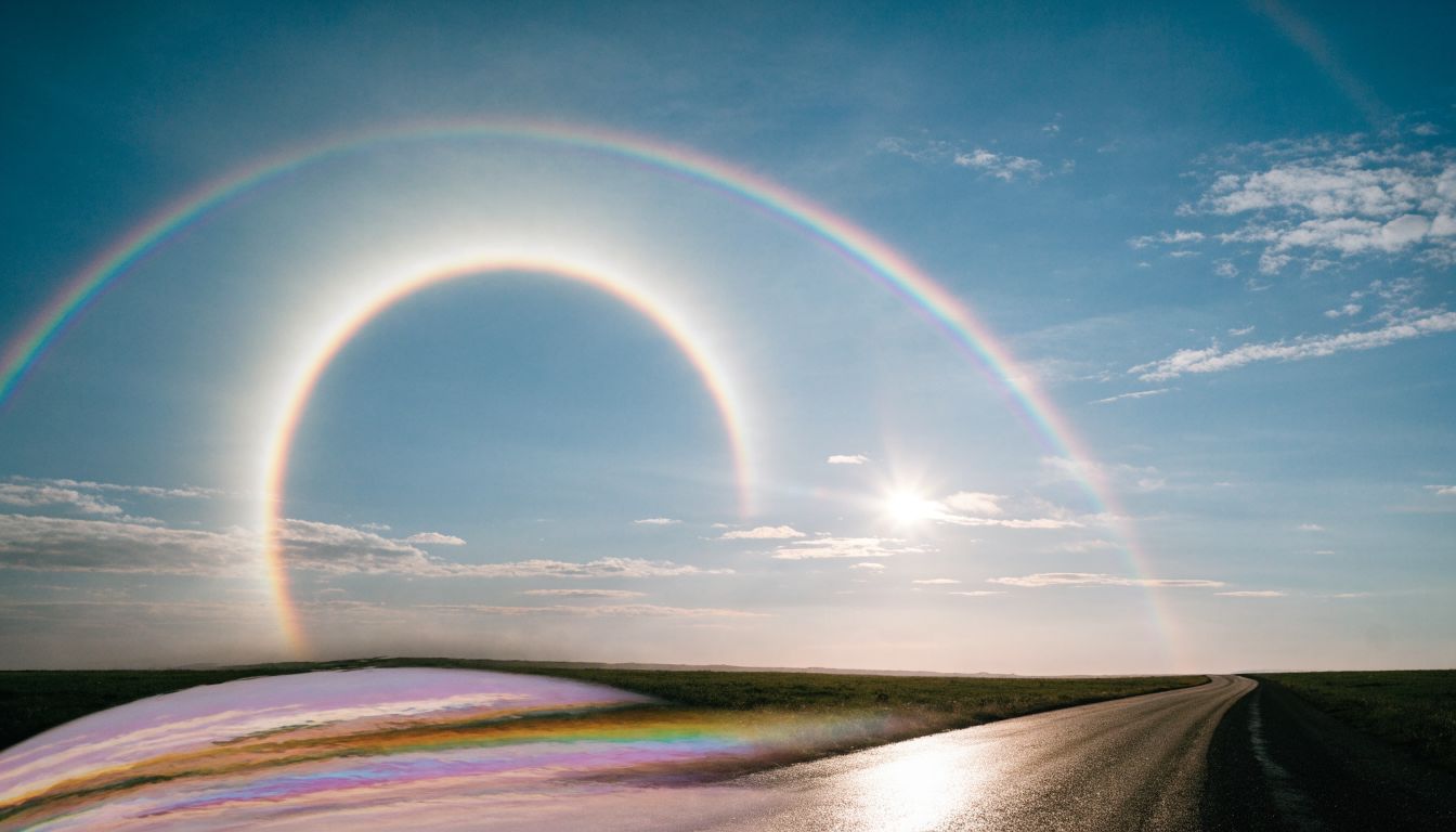 Fenômenos ópticos atmosféricos, incluindo um arco-íris, um halo solar e uma miragem sobre uma estrada